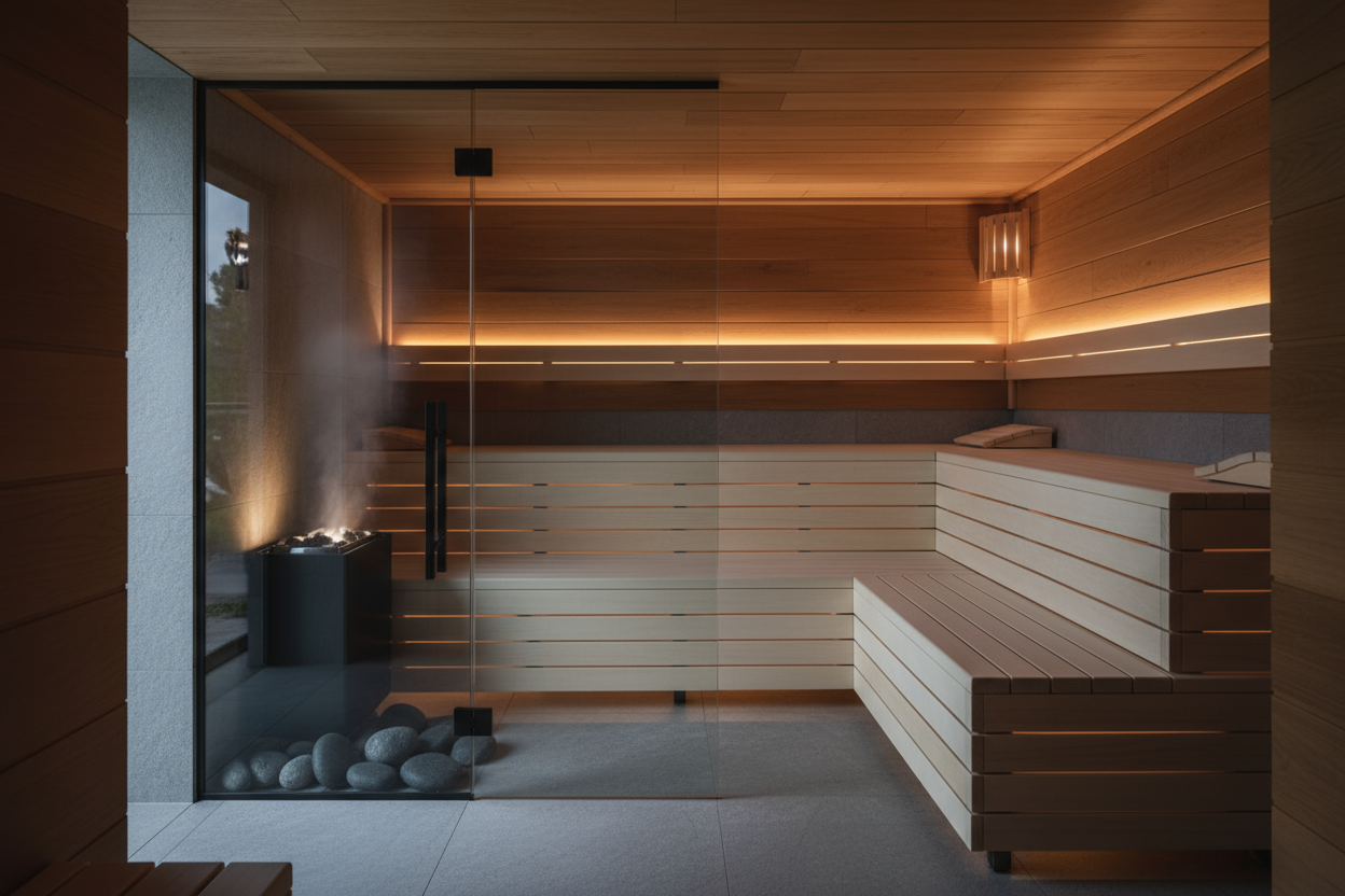 Translation missing: en.Modern sauna interior with wooden walls, a large window view of trees and mountains, and a lit fireplace