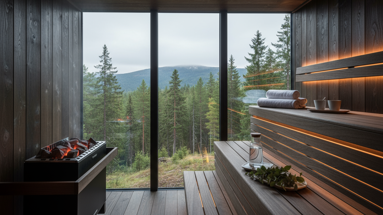 Translation missing: en.Modern sauna interior with wooden walls, a large window view of trees and mountains, and a lit fireplace