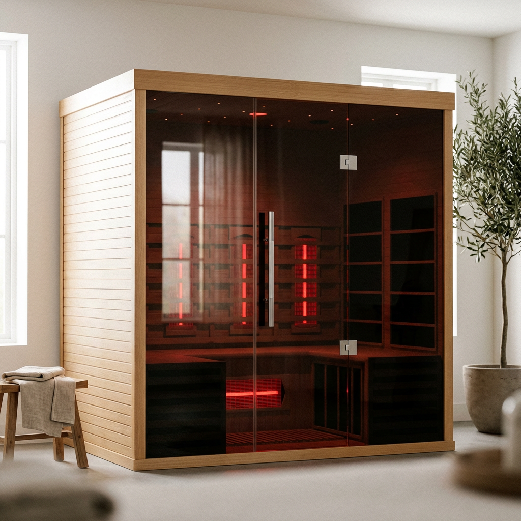 Infrared sauna in a room with a plant and stool