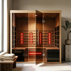 Infrared sauna with wooden interior and glass door in a room setting.