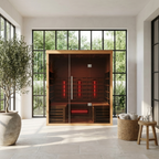 Infrared sauna in a modern room with large windows and decorative elements.