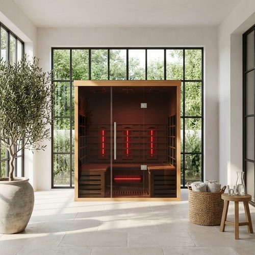 Infrared sauna in a modern room with large windows and decorative elements.